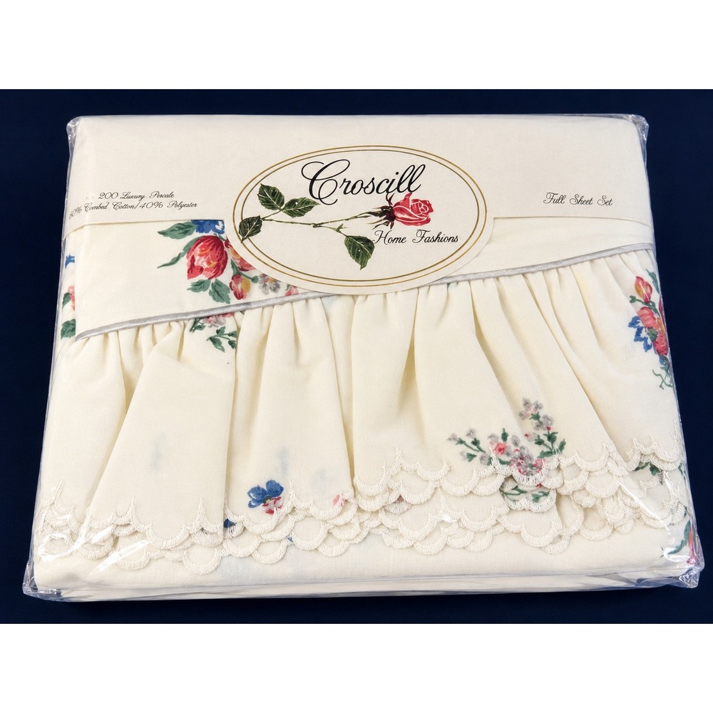 Vintage Croscill English Garden Full Sheet Set NOS Floral Ruffled Scalloped USA